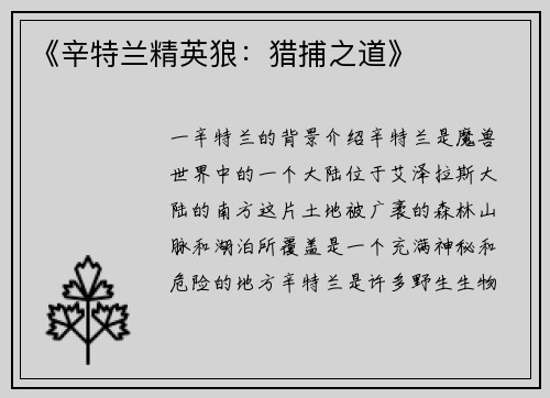 《辛特兰精英狼：猎捕之道》